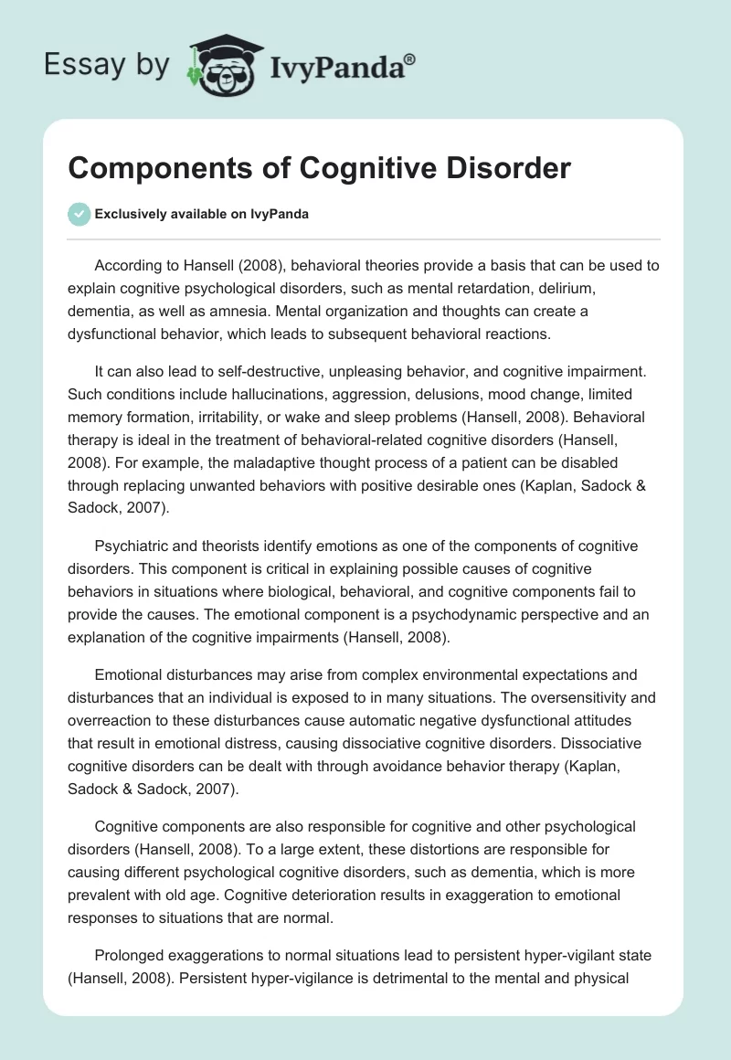 Components of Cognitive Disorder. Page 1