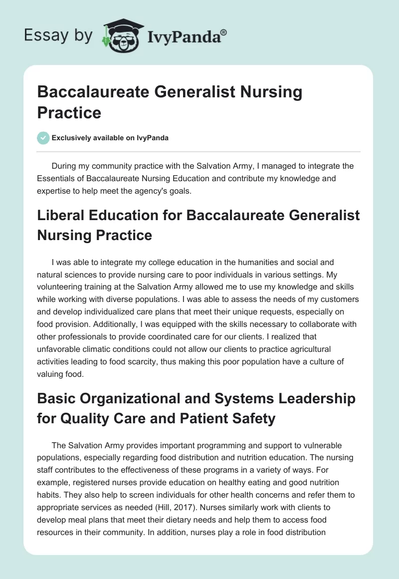 Baccalaureate Generalist Nursing Practice. Page 1