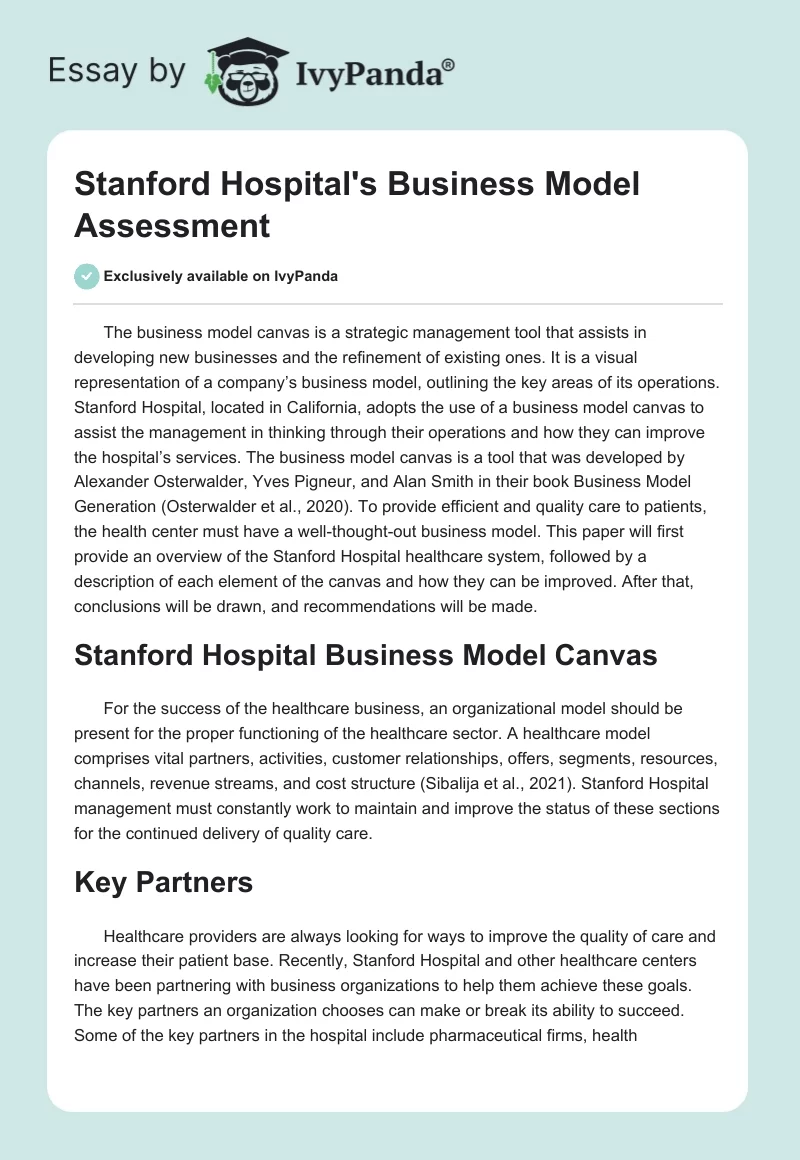 Stanford Hospital's Business Model Assessment. Page 1