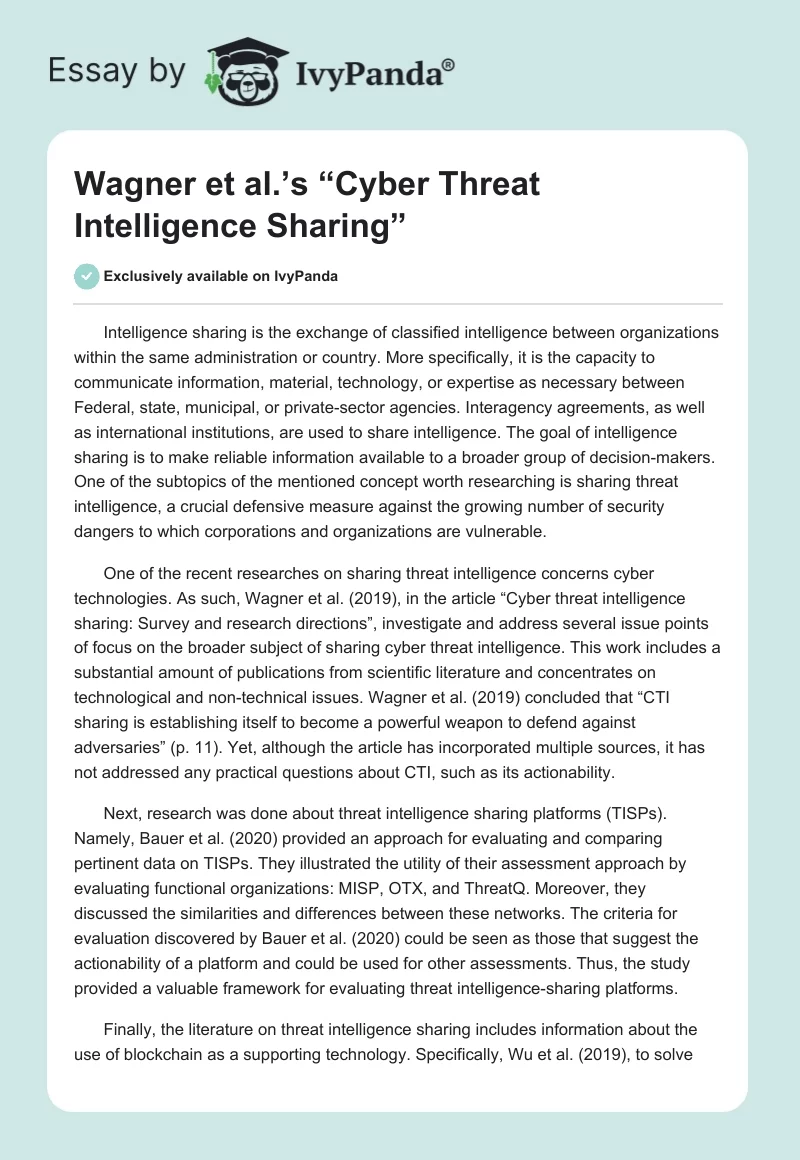 Wagner et al.’s “Cyber Threat Intelligence Sharing”. Page 1
