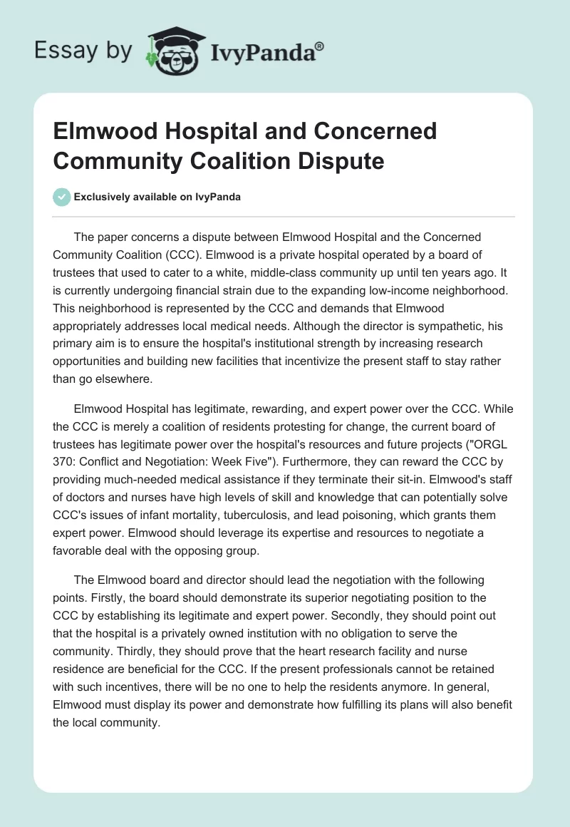 Elmwood Hospital and Concerned Community Coalition Dispute. Page 1