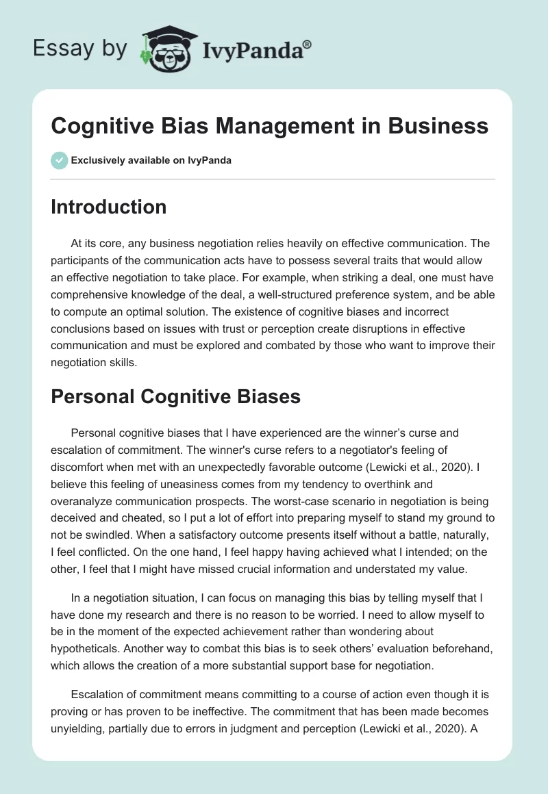 Cognitive Bias Management in Business. Page 1