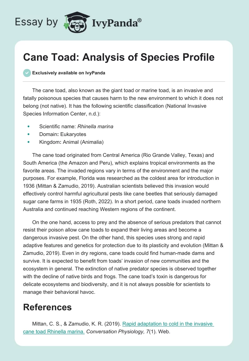 Cane Toad: Analysis of Species Profile. Page 1