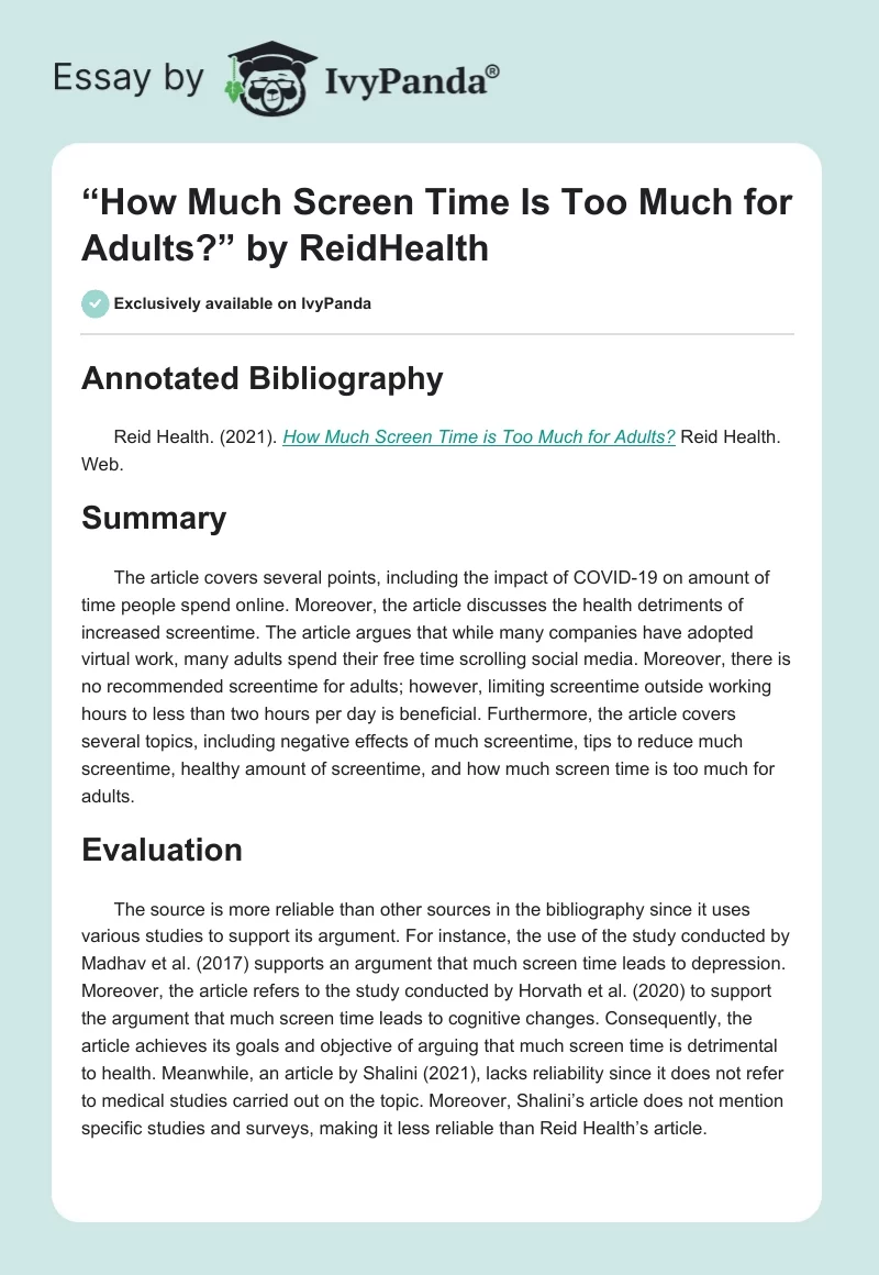 “How Much Screen Time Is Too Much for Adults?” by ReidHealth. Page 1