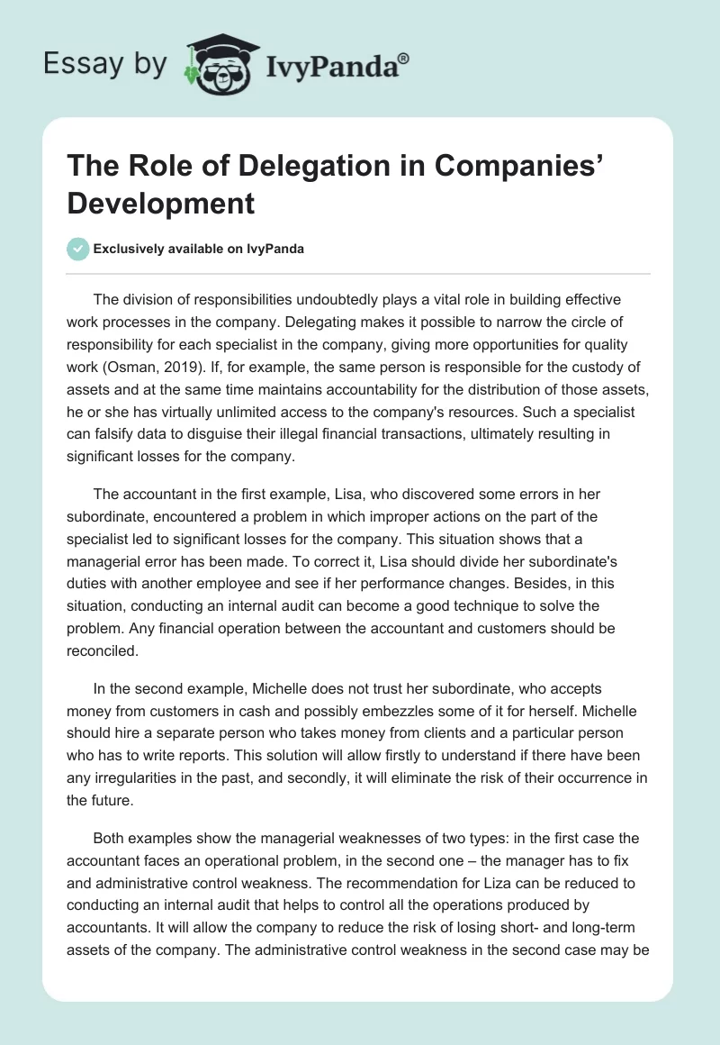 The Role of Delegation in Companies’ Development. Page 1