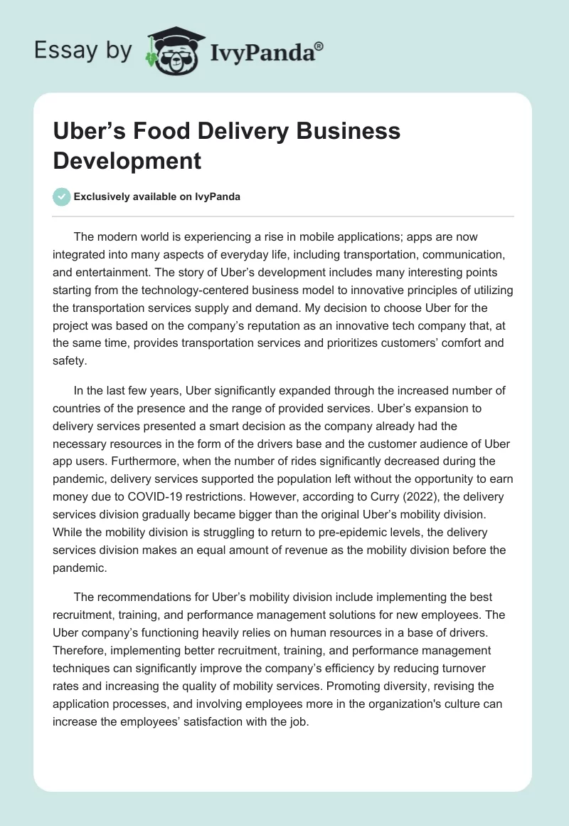Uber’s Food Delivery Business Development. Page 1