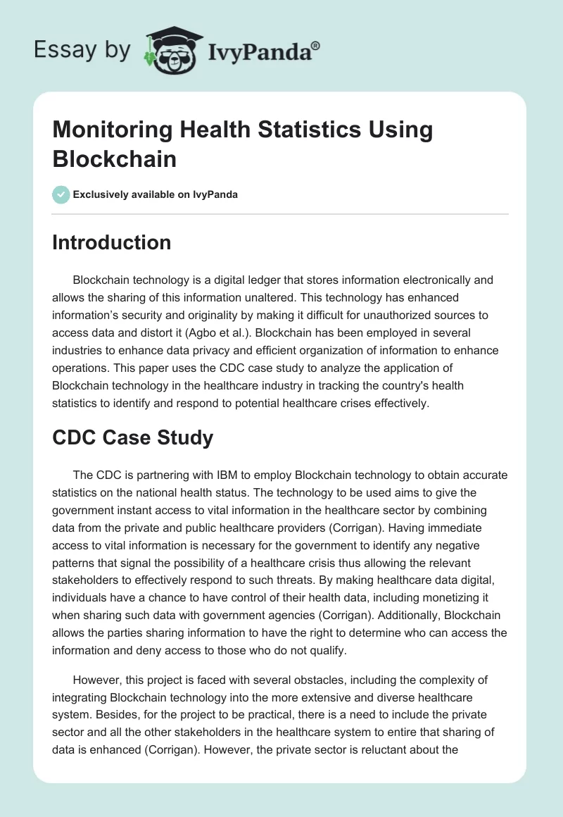 Monitoring Health Statistics Using Blockchain. Page 1