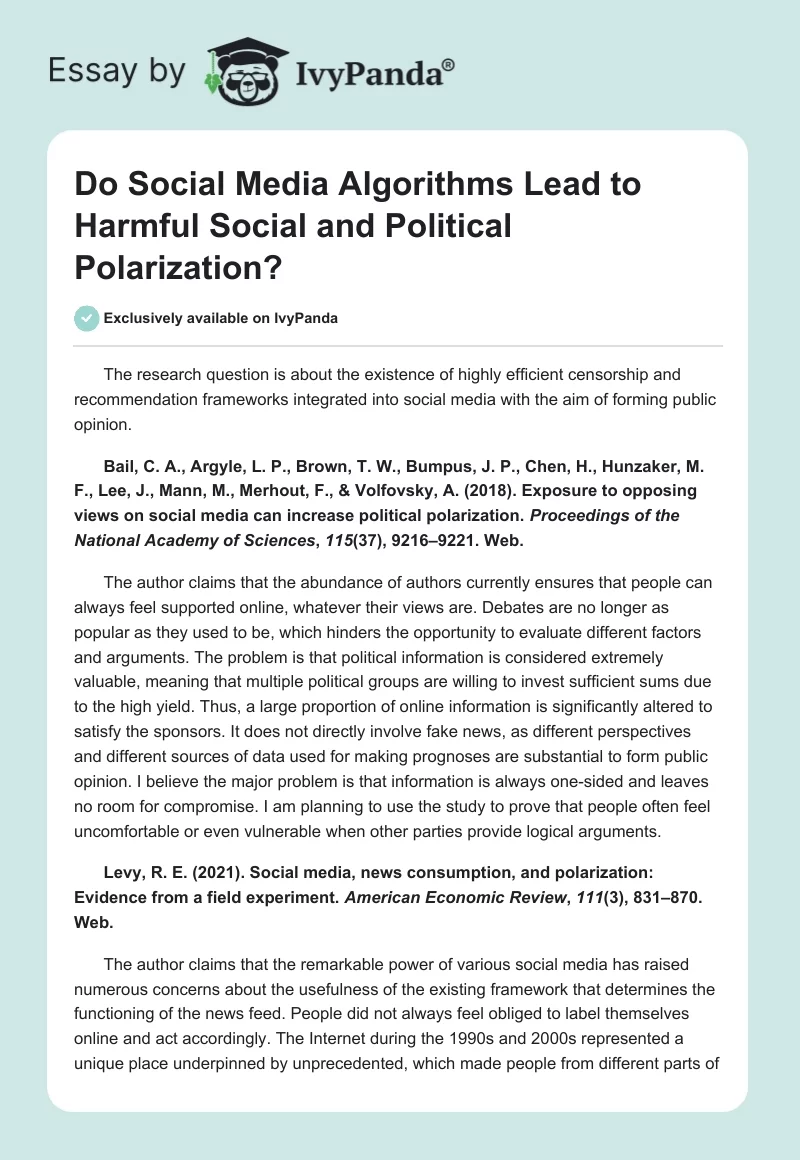 Do Social Media Algorithms Lead to Harmful Social and Political Polarization?. Page 1