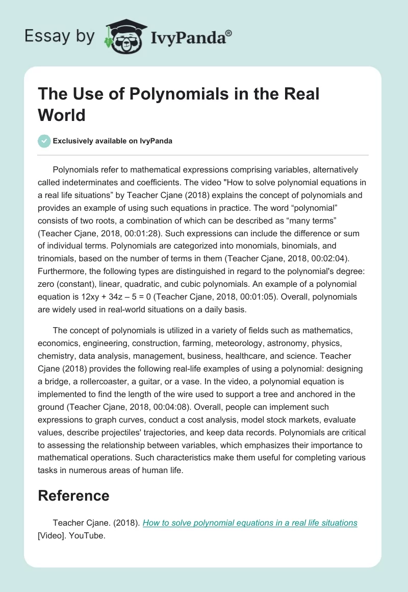 The Use of Polynomials in the Real World - 280 Words | Essay Example