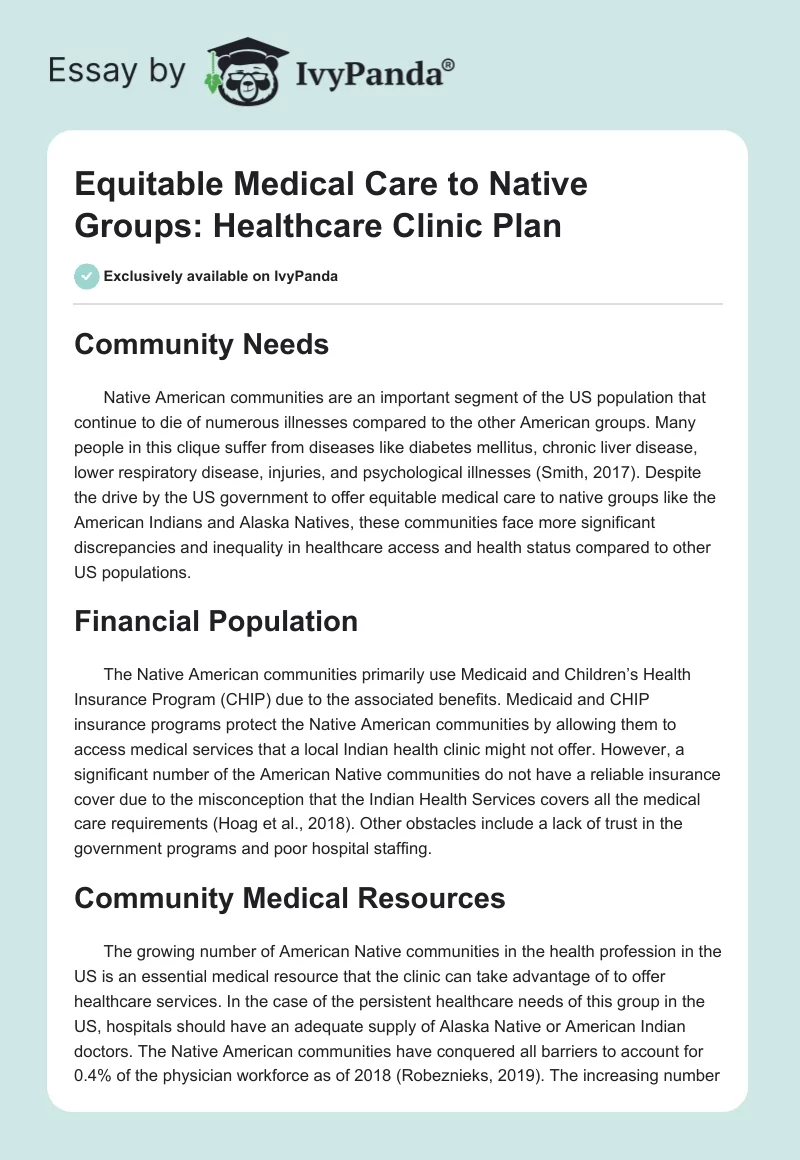 Equitable Medical Care to Native Groups: Healthcare Clinic Plan. Page 1