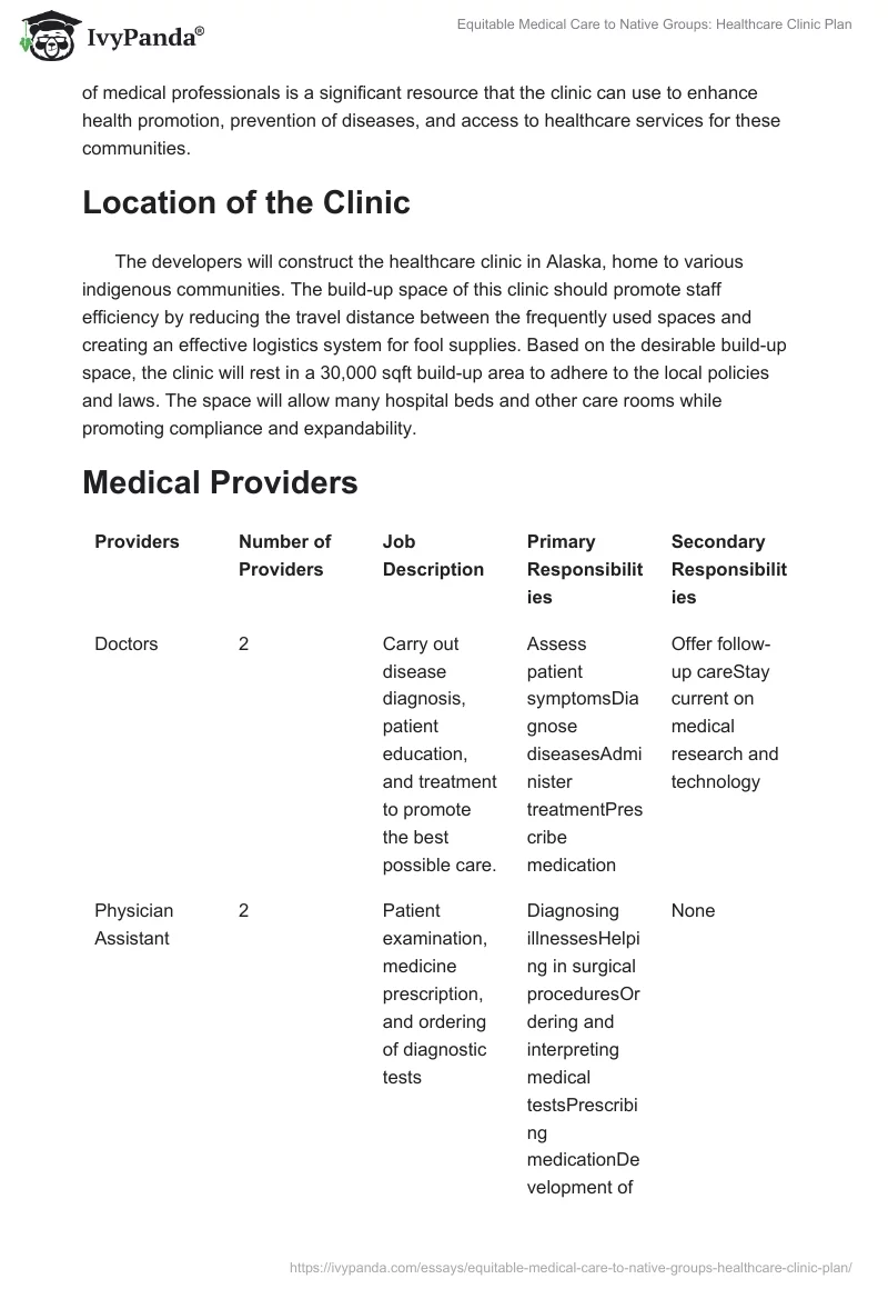 Equitable Medical Care to Native Groups: Healthcare Clinic Plan. Page 2