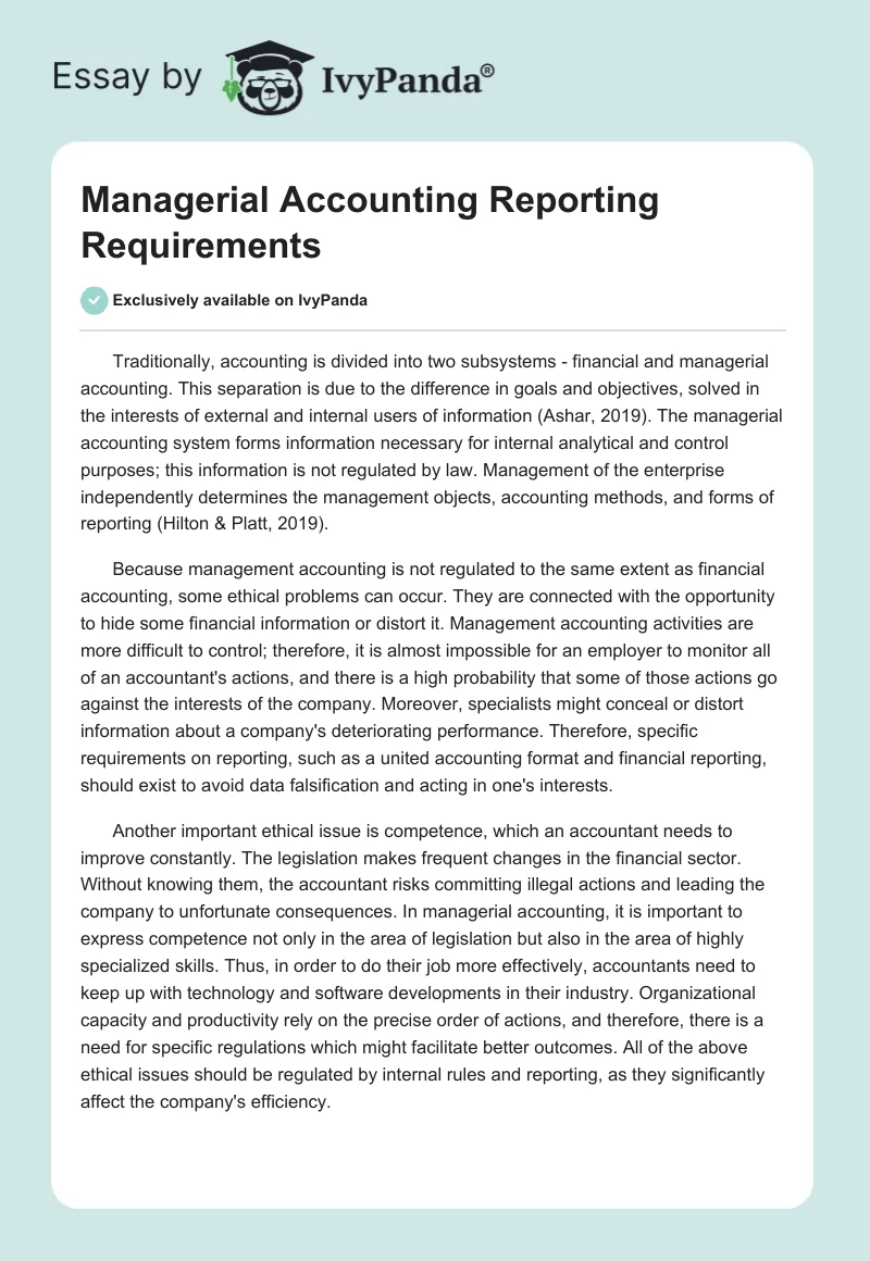 Managerial Accounting Reporting Requirements. Page 1