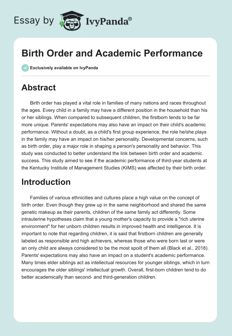Birth Order and Academic Performance. Page 1