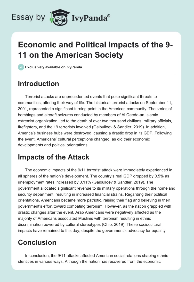 Economic and Political Impacts of the 9-11 on the American Society. Page 1