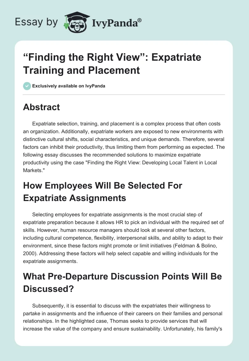 “Finding the Right View”: Expatriate Training and Placement. Page 1