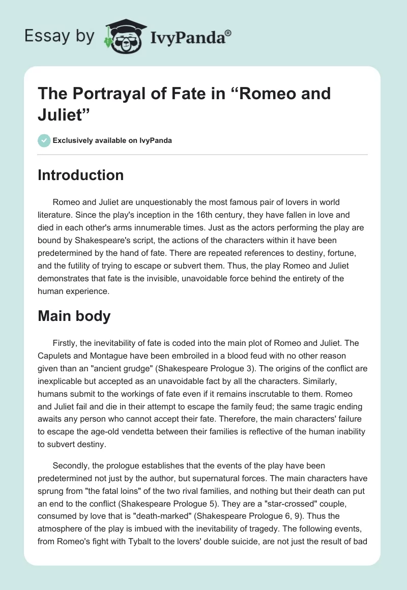 The Portrayal of Fate in “Romeo and Juliet”. Page 1