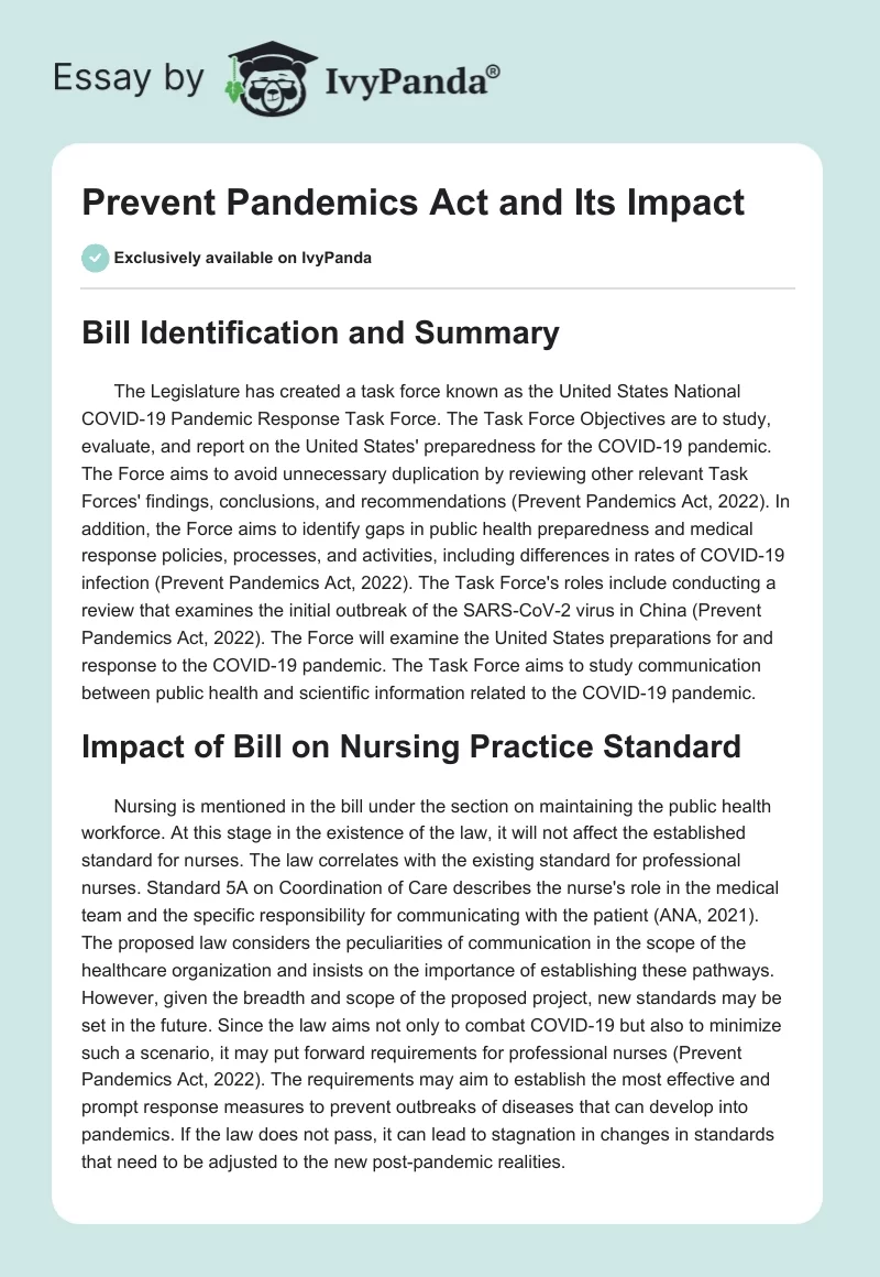Prevent Pandemics Act and Its Impact. Page 1