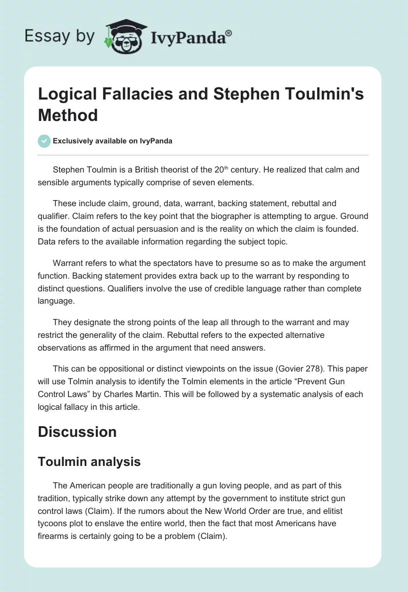 Logical Fallacies and Stephen Toulmin's Method. Page 1