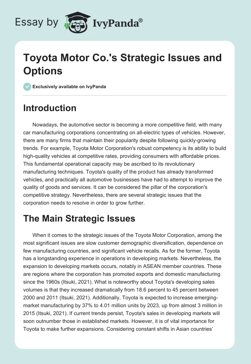 Toyota Motor Co.'s Strategic Issues and Options. Page 1