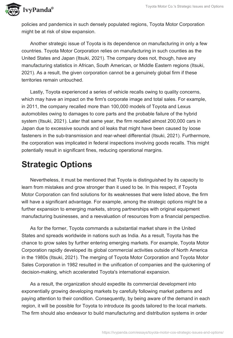 Toyota Motor Co.'s Strategic Issues and Options. Page 2