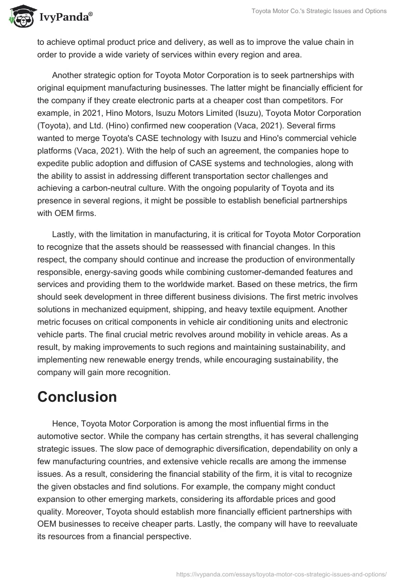Toyota Motor Co.'s Strategic Issues and Options. Page 3
