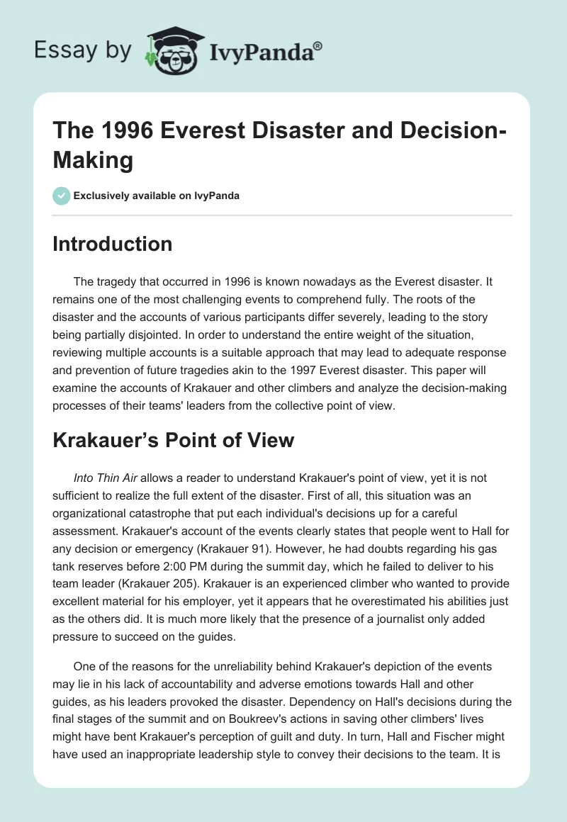 The 1996 Everest Disaster and Decision-Making. Page 1