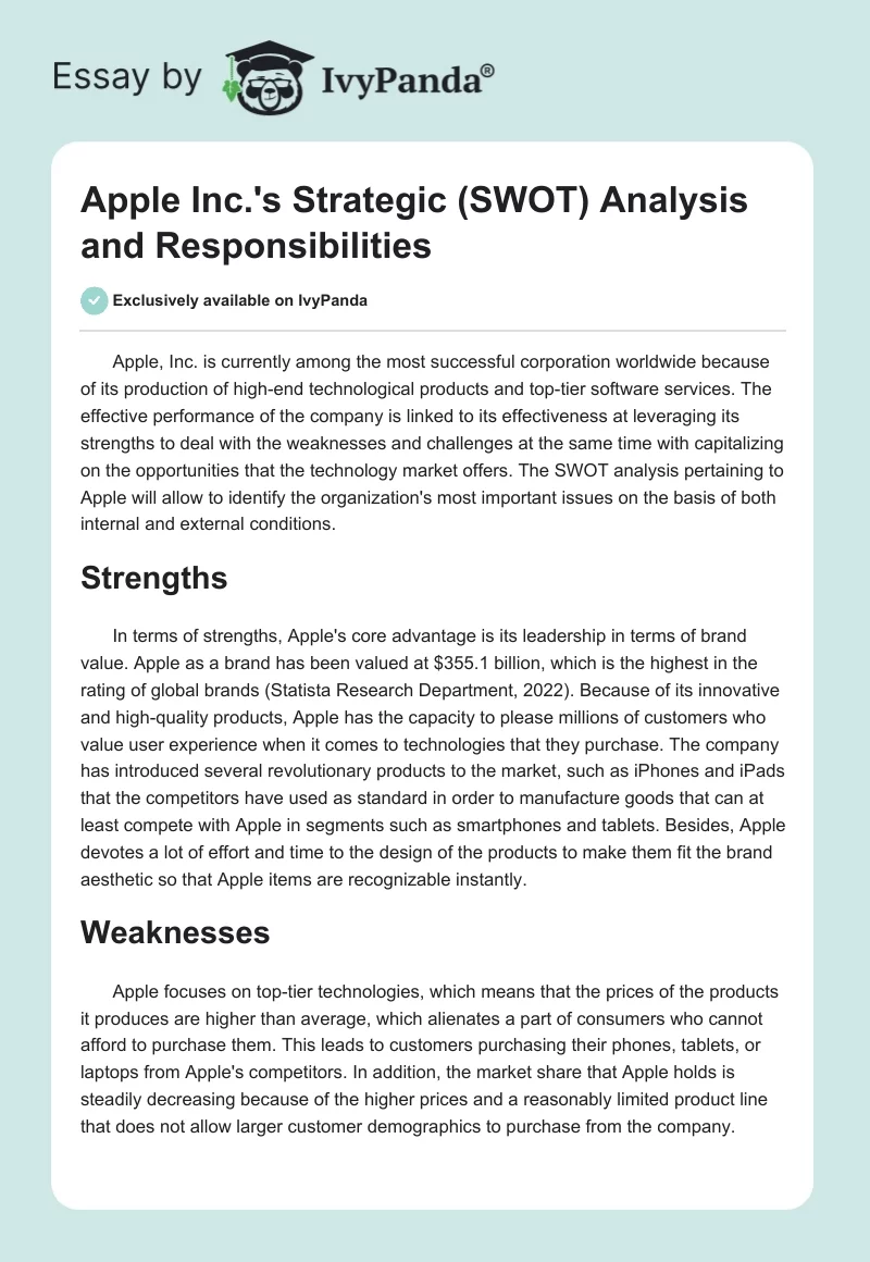 Apple Inc.'s Strategic (SWOT) Analysis and Responsibilities. Page 1
