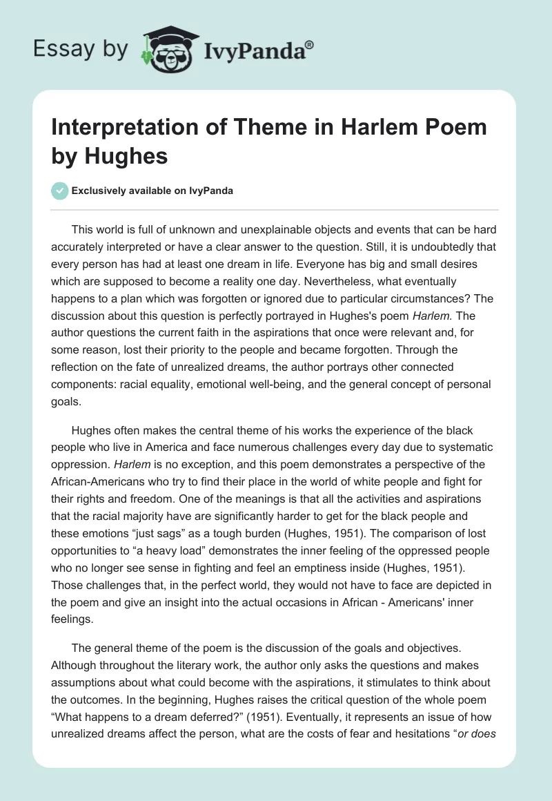 Interpretation of Theme in "Harlem" Poem by Hughes. Page 1