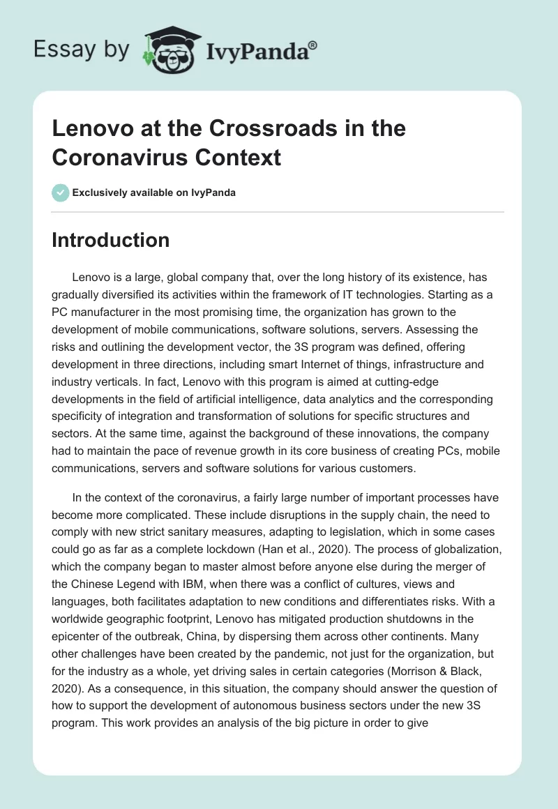 Lenovo at the Crossroads in the Coronavirus Context. Page 1