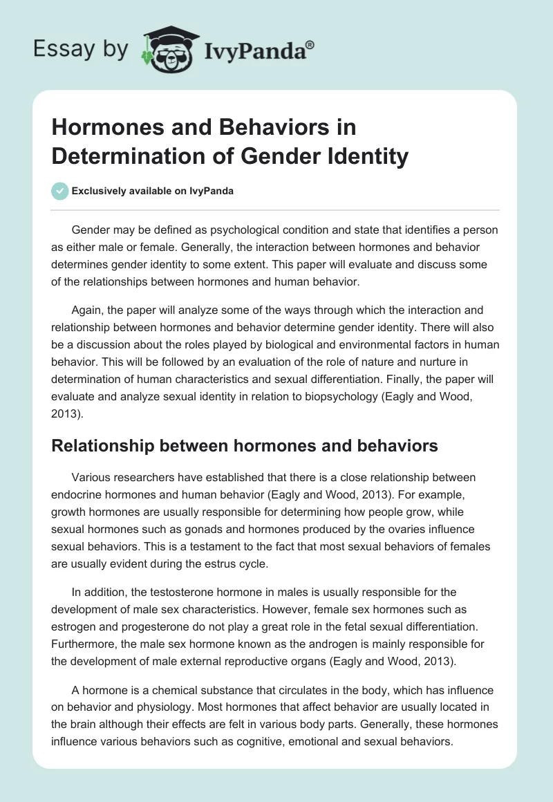 Hormones and Behaviors in Determination of Gender Identity. Page 1