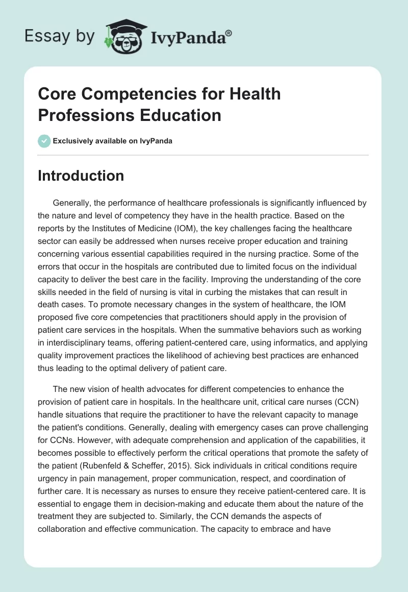 Core Competencies for Health Professions Education. Page 1
