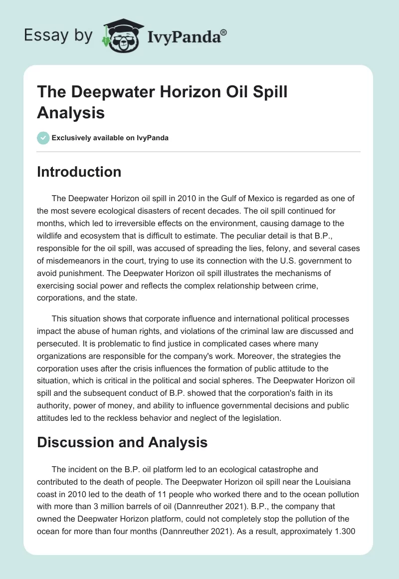 The Deepwater Horizon Oil Spill Analysis. Page 1