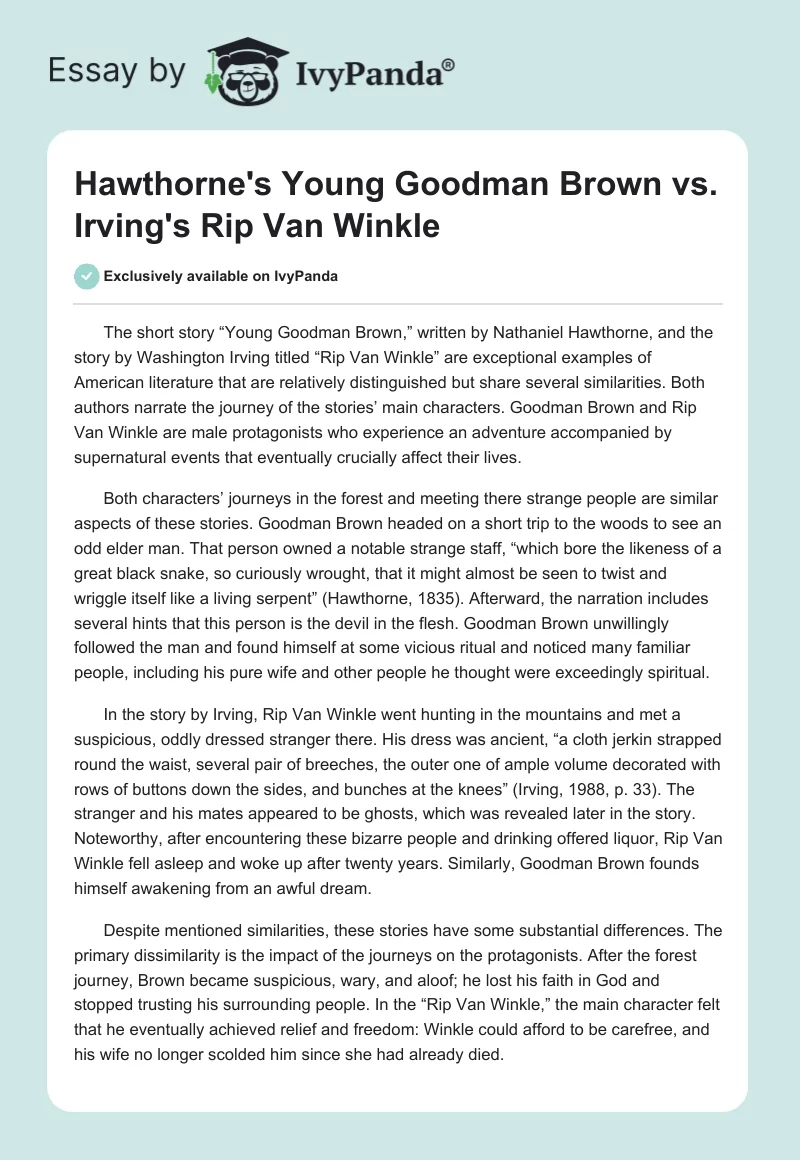 Hawthorne's "Young Goodman Brown" vs. Irving's "Rip Van Winkle". Page 1