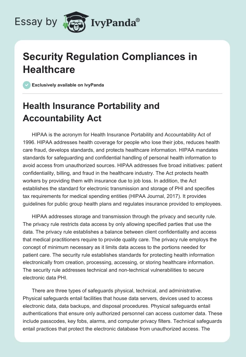 Security Regulation Compliances in Healthcare. Page 1