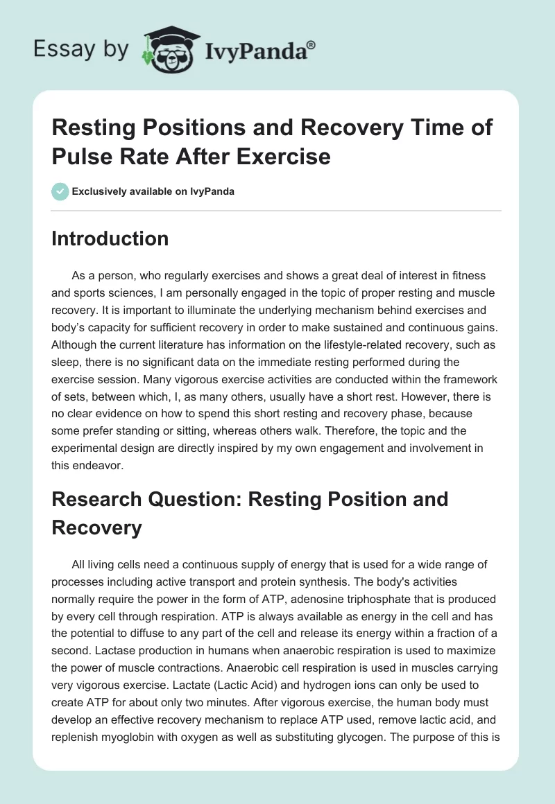 Resting Positions and Recovery Time of Pulse Rate After Exercise. Page 1