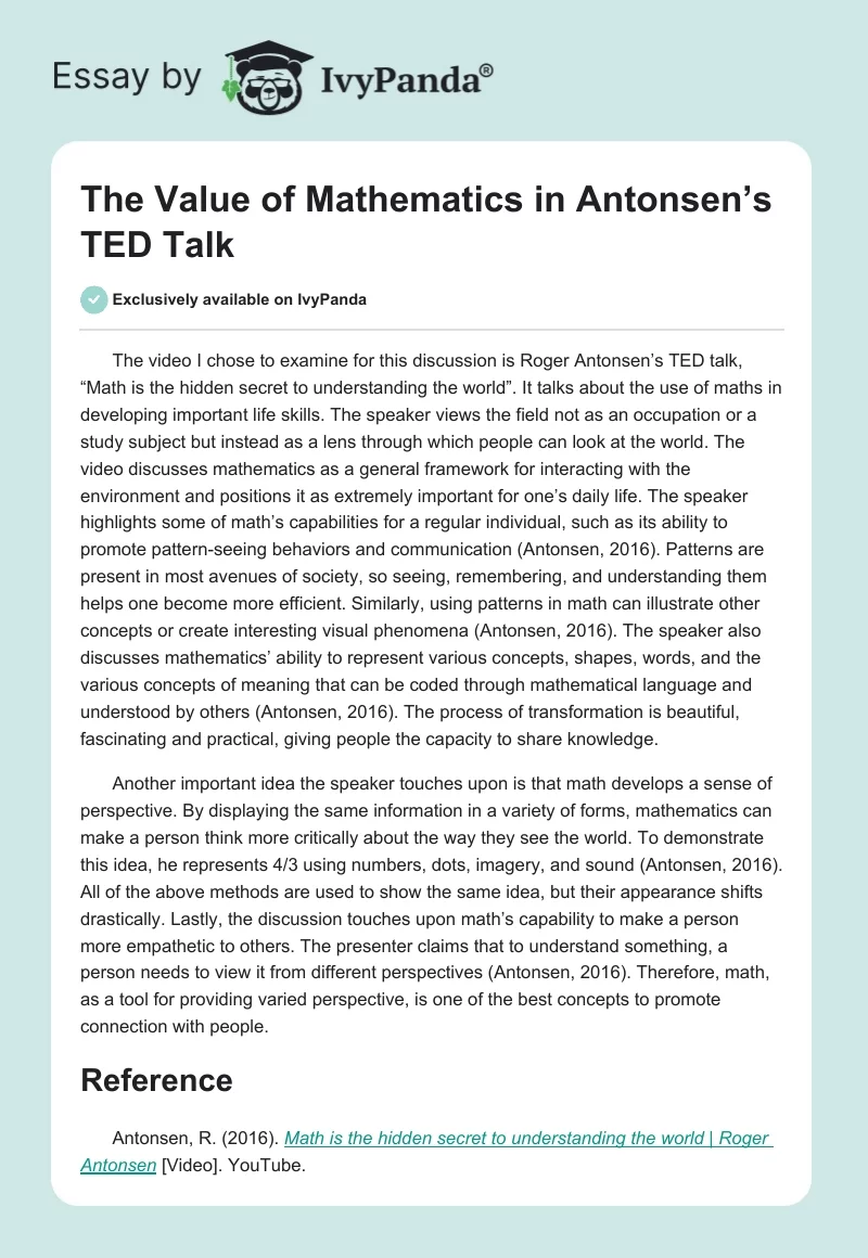 The Value of Mathematics in Antonsen’s TED Talk. Page 1