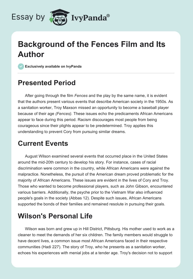 Background of the "Fences" Film and Its Author. Page 1