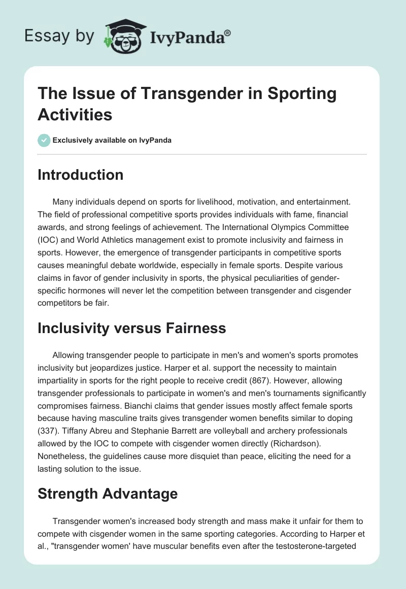 The Issue of Transgender in Sporting Activities. Page 1