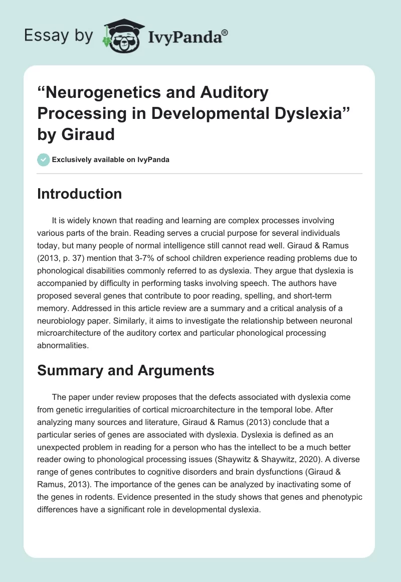 “Neurogenetics and Auditory Processing in Developmental Dyslexia” by Giraud. Page 1