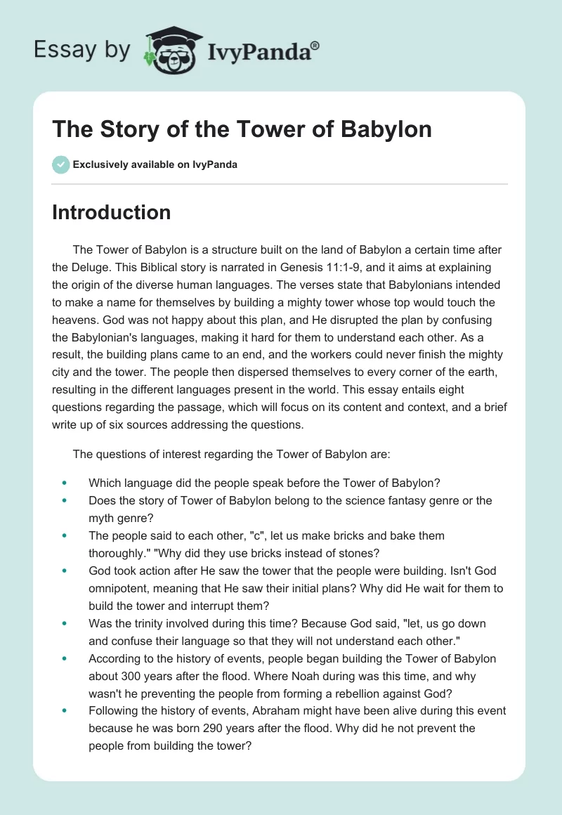 The Story of the Tower of Babylon. Page 1