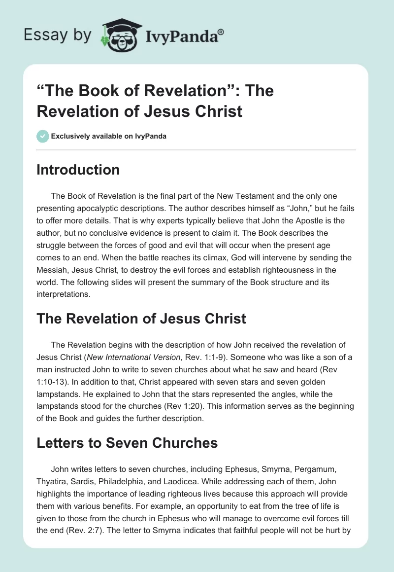 “The Book of Revelation”: The Revelation of Jesus Christ. Page 1