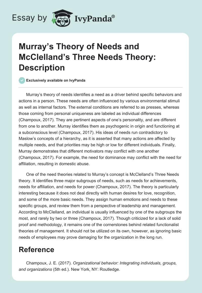 Murray’s Theory of Needs and McClelland’s Three Needs Theory: Description. Page 1