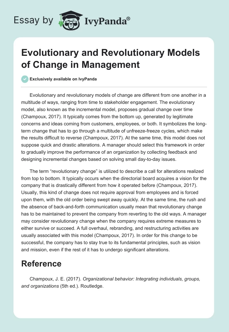 Evolutionary and Revolutionary Models of Change in Management. Page 1