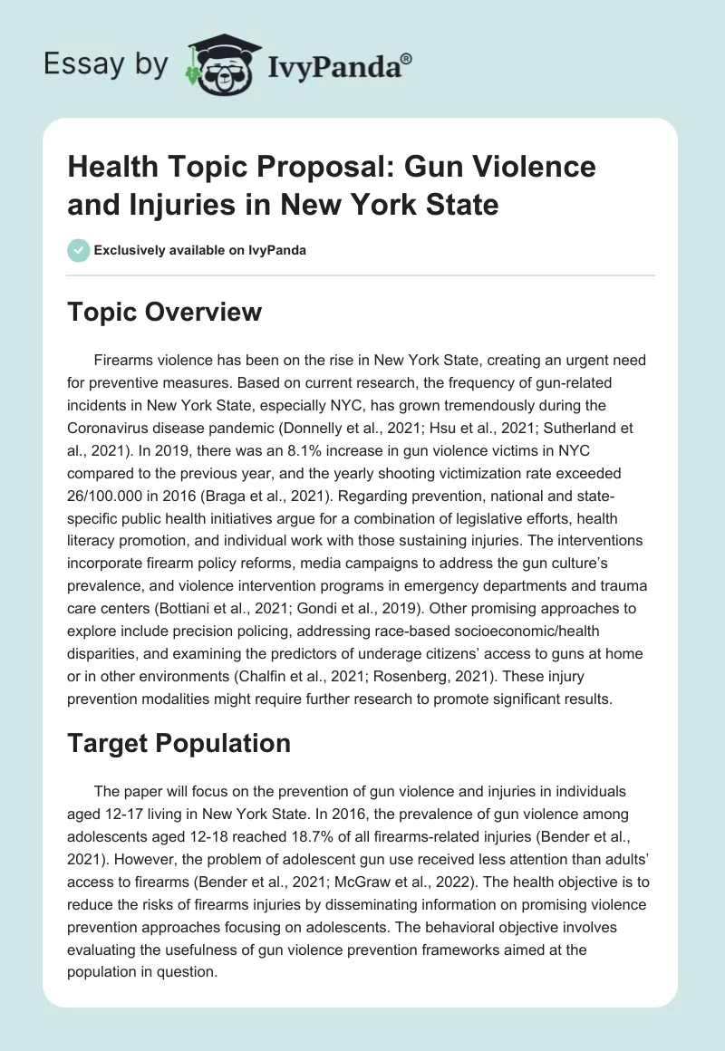 Health Topic Proposal: Gun Violence and Injuries in New York State. Page 1