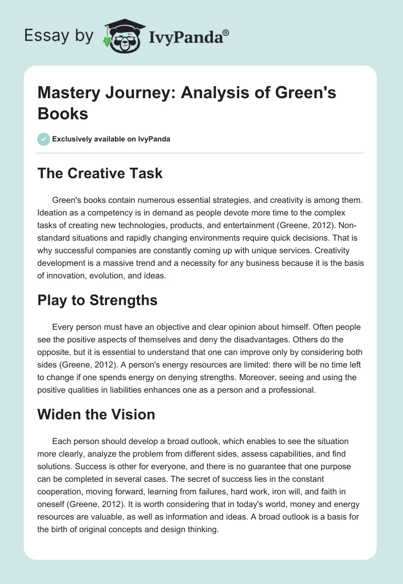 Mastery Journey: Analysis of Green's Books. Page 1