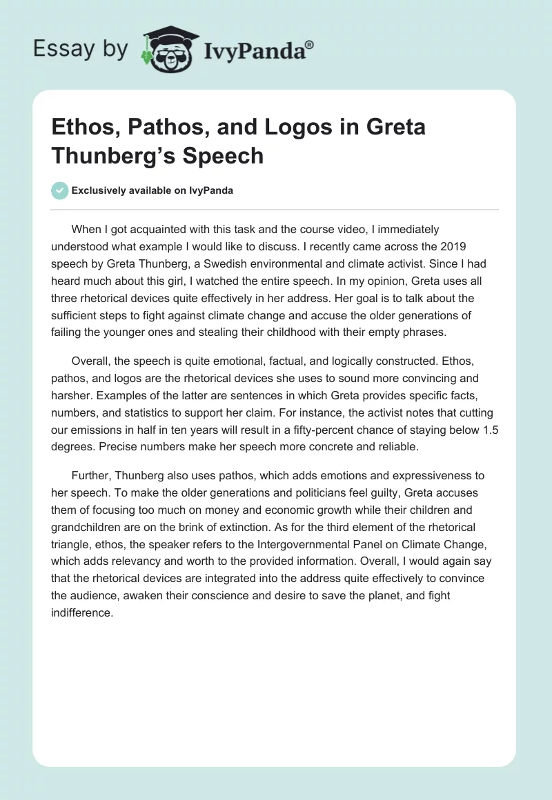 Ethos, Pathos, and Logos in Greta Thunberg’s Speech. Page 1