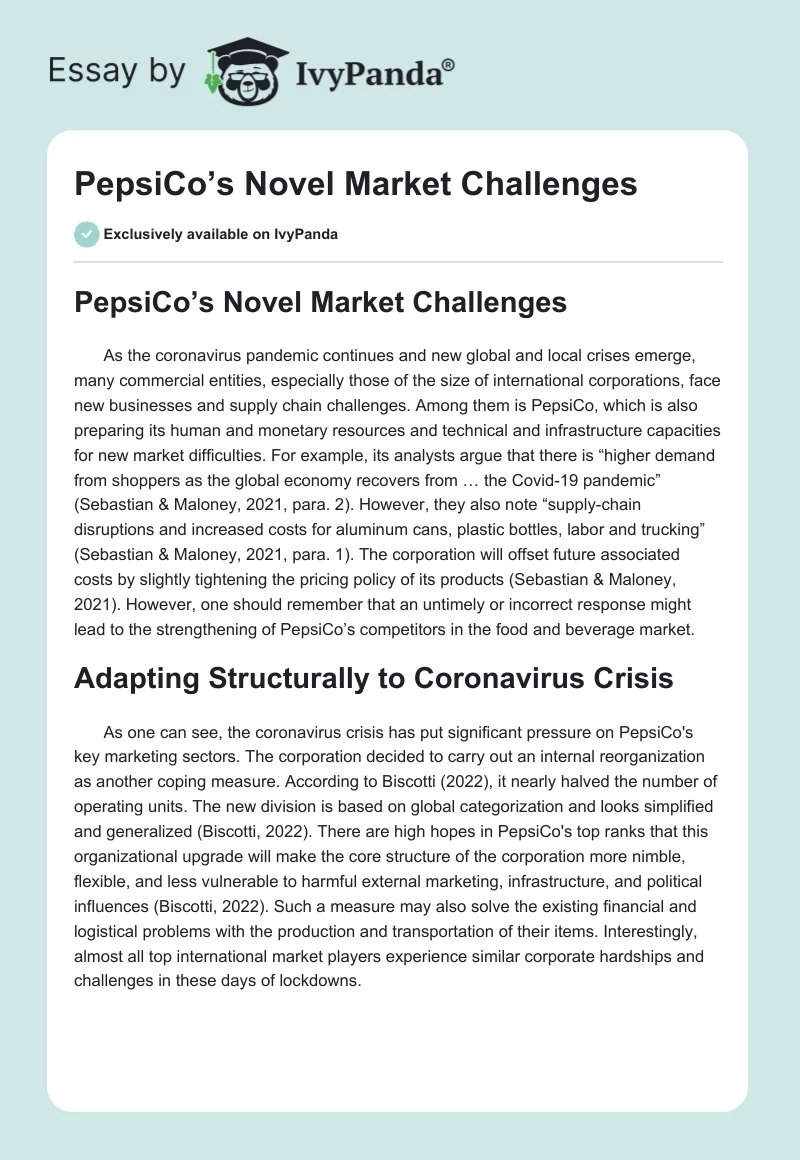 PepsiCo’s Novel Market Challenges. Page 1