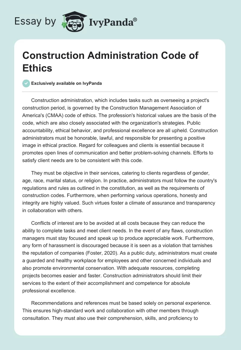 Construction Administration Code of Ethics. Page 1