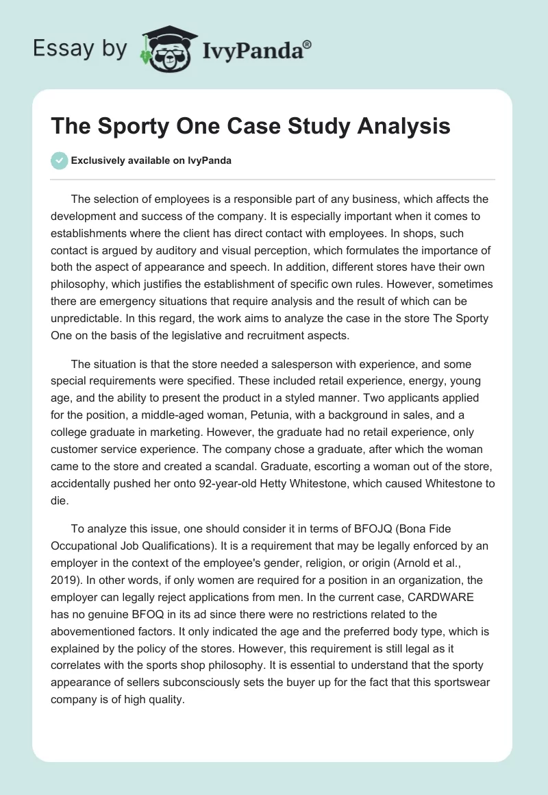 The Sporty One Case Study Analysis. Page 1