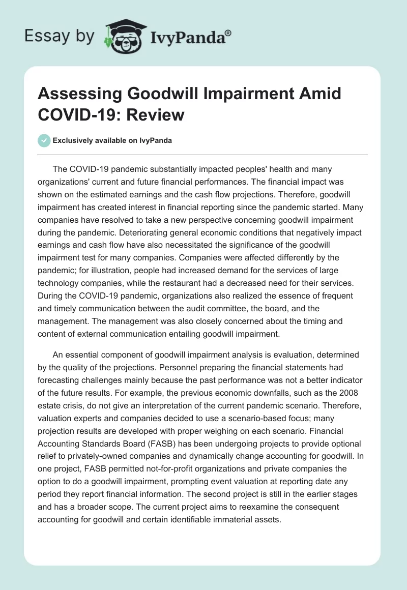 Assessing Goodwill Impairment Amid COVID-19: Review. Page 1